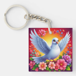 🕊️ White Pigeon Floral Nature Design Calm Style Keychain
