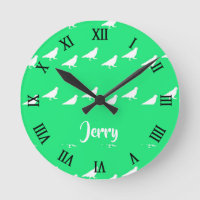 White pigeons on teal round clock