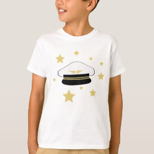White pilot hat, gold stars, flight aviator T-Shir T-Shirt