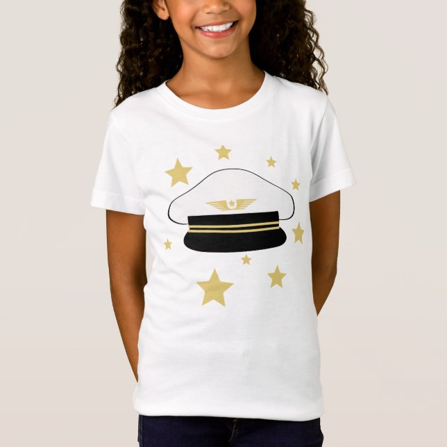 White pilot hat, gold stars, flight fly aviation T-Shirt (Front)