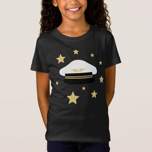 White pilot hat, gold stars, flight fly aviation T T-Shirt (Front)