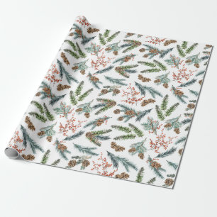 White Pine Blue Spruce Cones & Red Ilex Berries Wrapping Paper