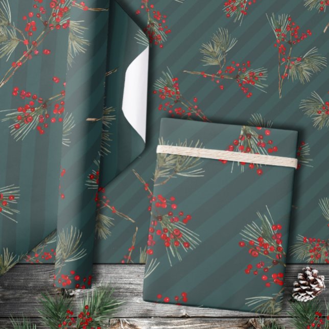 White Pine Branch Ilex Berries Slate Green Stripes Wrapping Paper (Creator Uploaded)