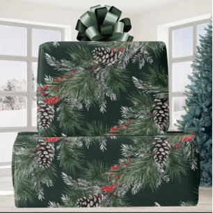 White Pine Cones Silver Spruce Red Berries Garland Wrapping Paper