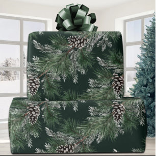 White Pine Cones Silver Spruce Tree Garland Green Wrapping Paper