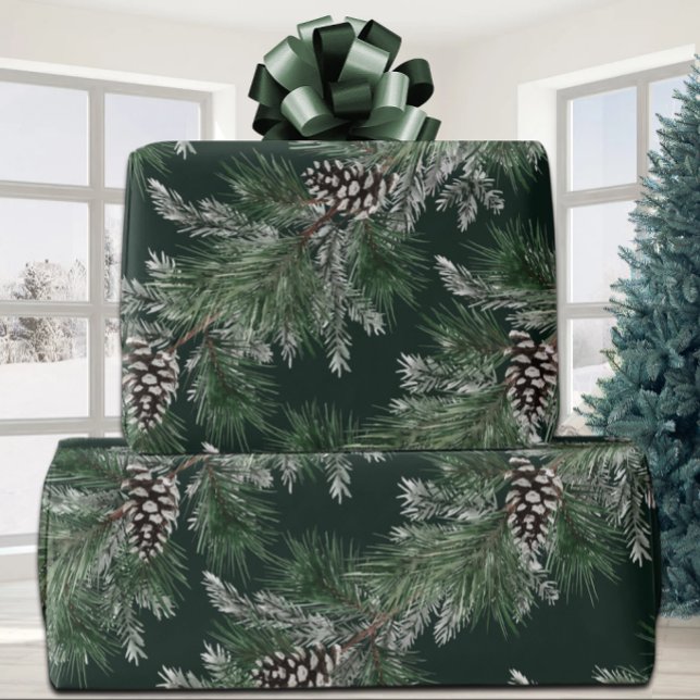 White Pine Cones Silver Spruce Tree Garland Green Wrapping Paper (Creator Uploaded)