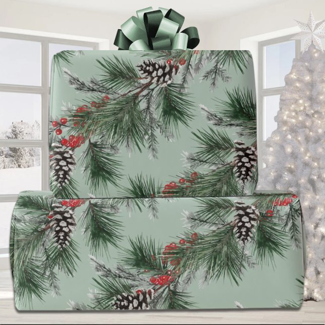 White Pine Cones Spruce Red Berries Garland Sage Wrapping Paper (Creator Uploaded)