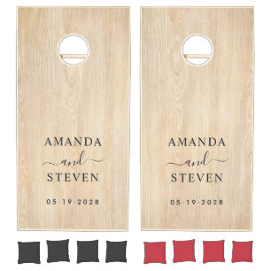 White Pine Couple Names with Wedding Date Cornhole Set