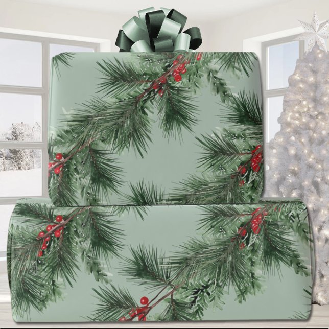 White Pine Green Spruce Red Berries Garland Sage Wrapping Paper (Creator Uploaded)