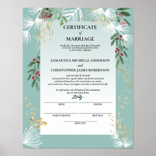 White Pine Holly Winter Certificate of Marriage Poster
