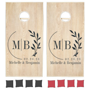 White Pine Leaf Wedding Monogram Cornhole Set