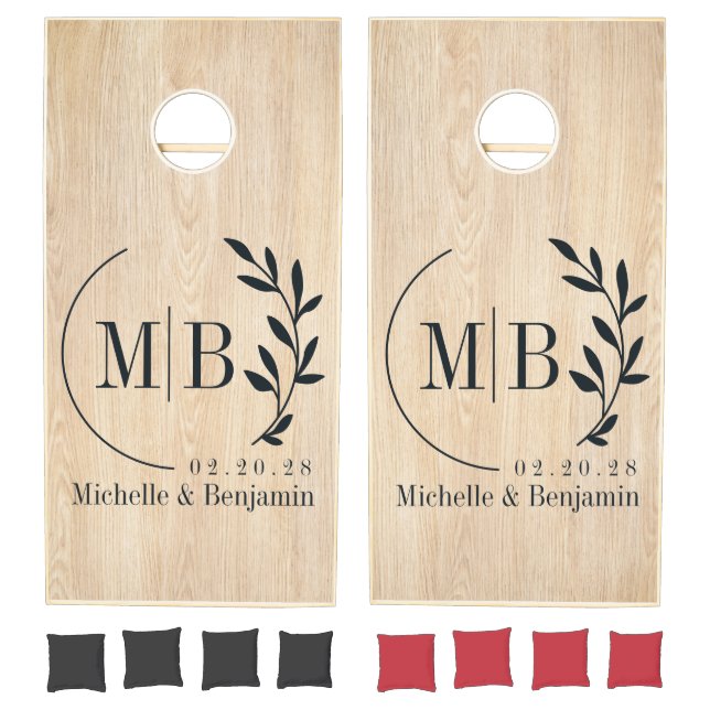 White Pine Leaf Wedding Monogram Cornhole Set (Set)