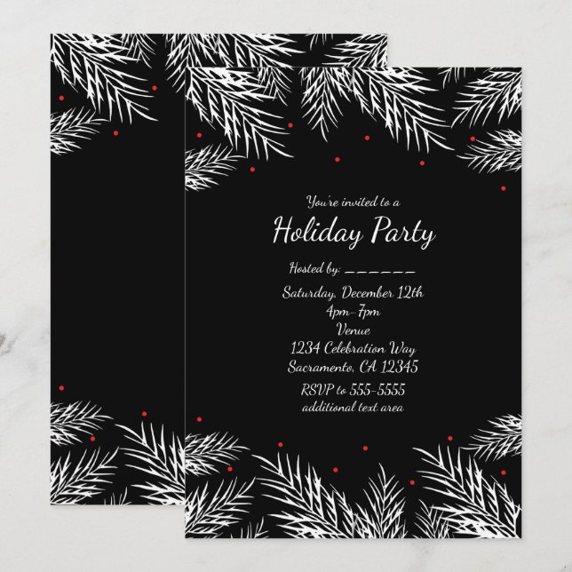 White Pine & Red Berries Black Holiday Invitations (Front/Back)
