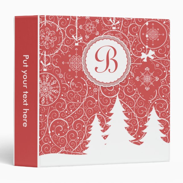 White pine trees and snowflakes on red Christmas Binder (Front/Spine)