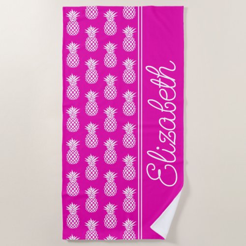 White Pineapples on Bright Pink Personalized Beach Towel