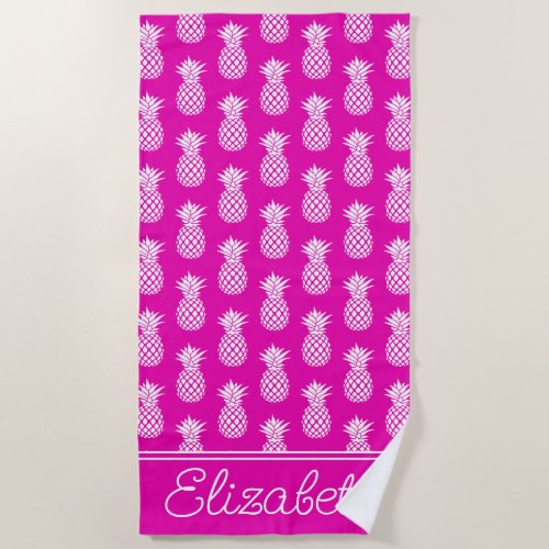 White Pineapples on Bright Pink Personalized Beach Towel