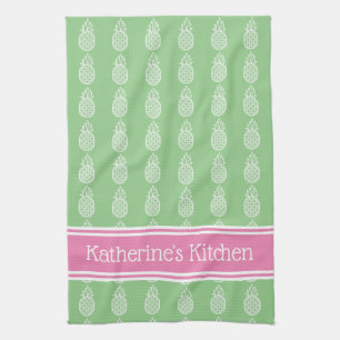 White Pineapples on Green with Pink Stripe Kitchen Towel