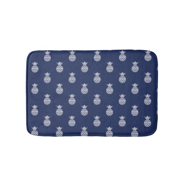 White Pineapples on Navy Blue Bath Mat (Front)