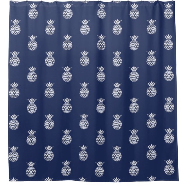 White Pineapples on Navy Shower Curtain (Front)