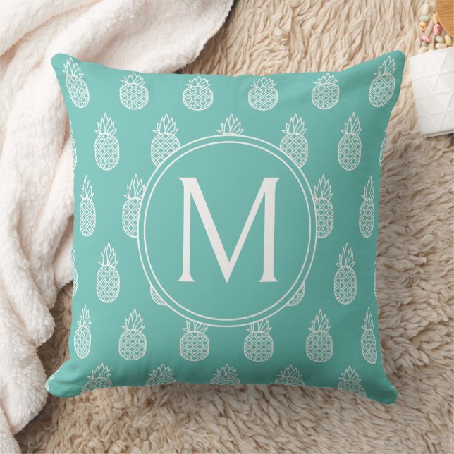 White Pineapples on Turquoise Blue Monogram Throw Pillow (Blanket)