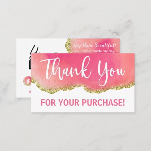 White Pink Agate Gold Glitter Thank You Purchase Business Card