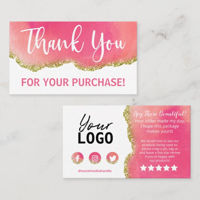 White Pink Agate Gold Glitter Thank You Purchase Business Card (Front/Back)