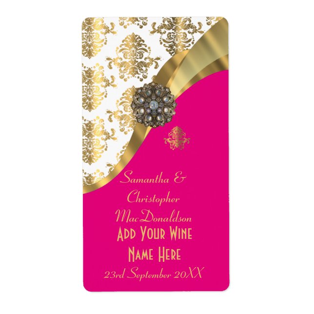 White, pink and gold damask wedding wine bottle label (Front)