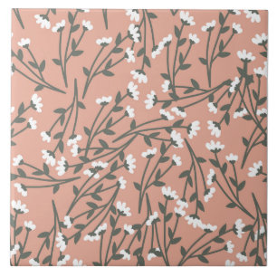 White Pink and Green Floral Pattern Ceramic Tile