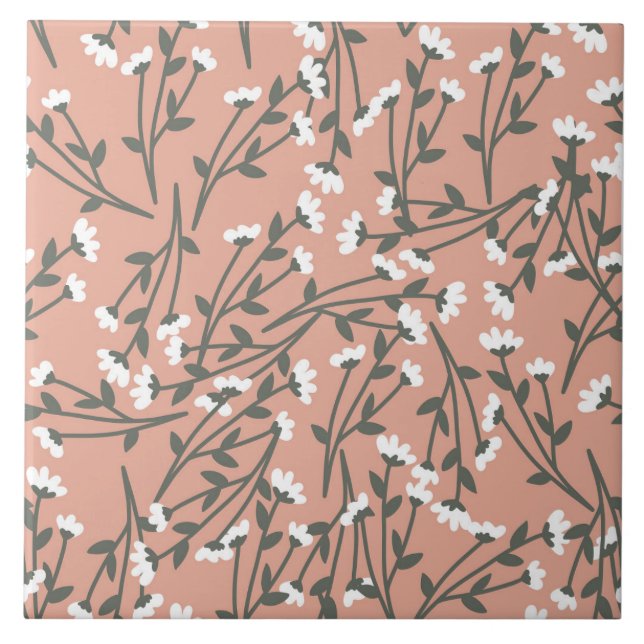 White Pink and Green Floral Pattern  Ceramic Tile (Front)