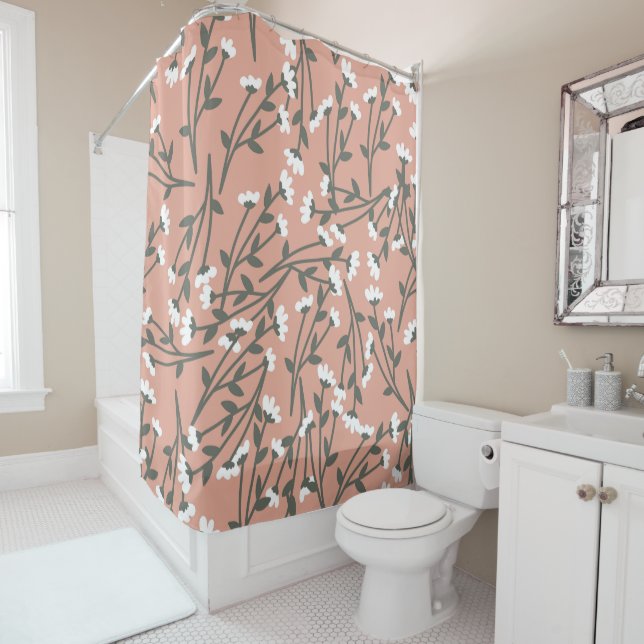 White Pink and Green Floral Pattern Shower Curtain (In Situ)