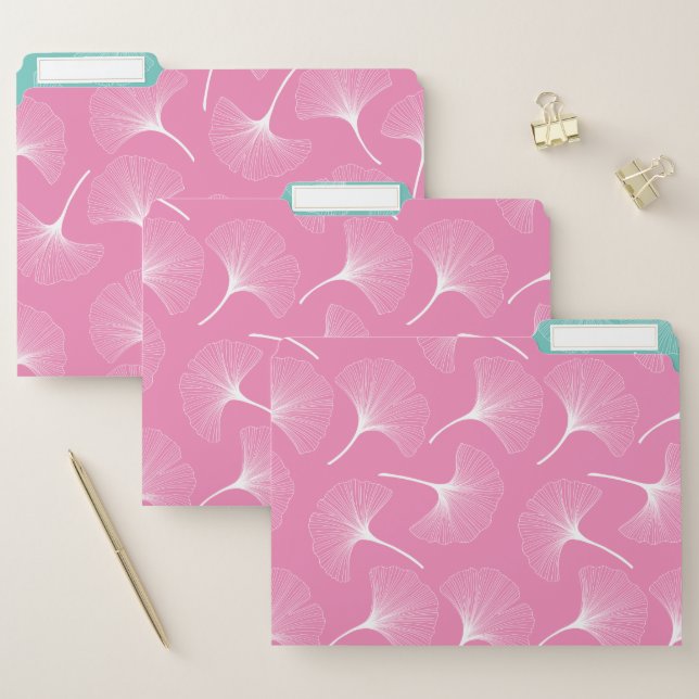 White, pink and mint-green abstract leaves pattern file folder (Set)