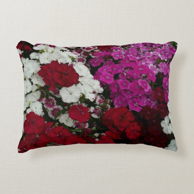 White, Pink and Red Dianthus Floral Accent Pillow (Front)