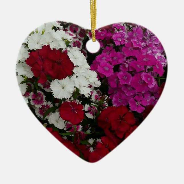 White, Pink and Red Dianthus Floral Ceramic Ornament (Front)
