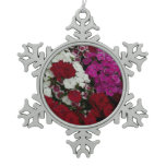White, Pink and Red Dianthus Floral Snowflake Pewter Christmas Ornament