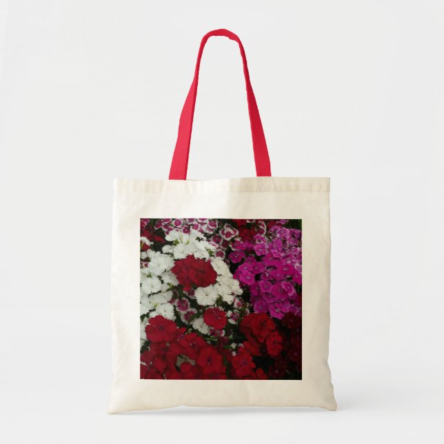 White, Pink and Red Dianthus Floral Tote Bag (Front)