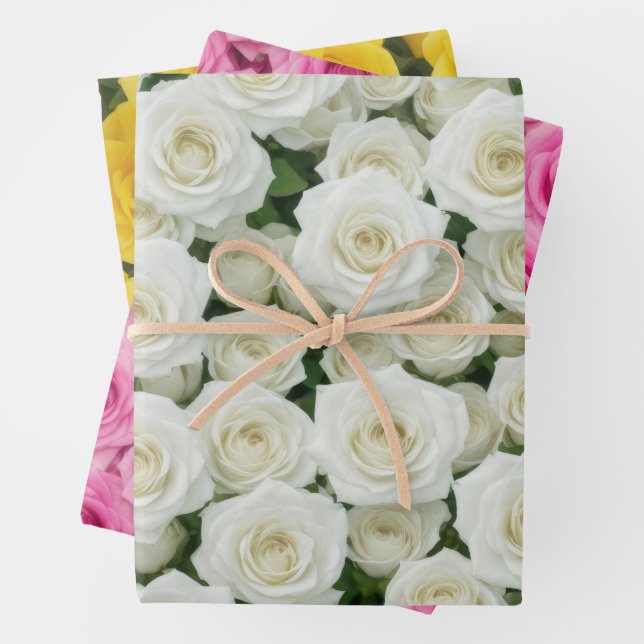 White, Pink and Yellow Roses Wrapping Paper Sheets (In situ)