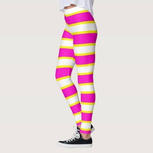 White Pink and Yellow Stripes Banded Leggings