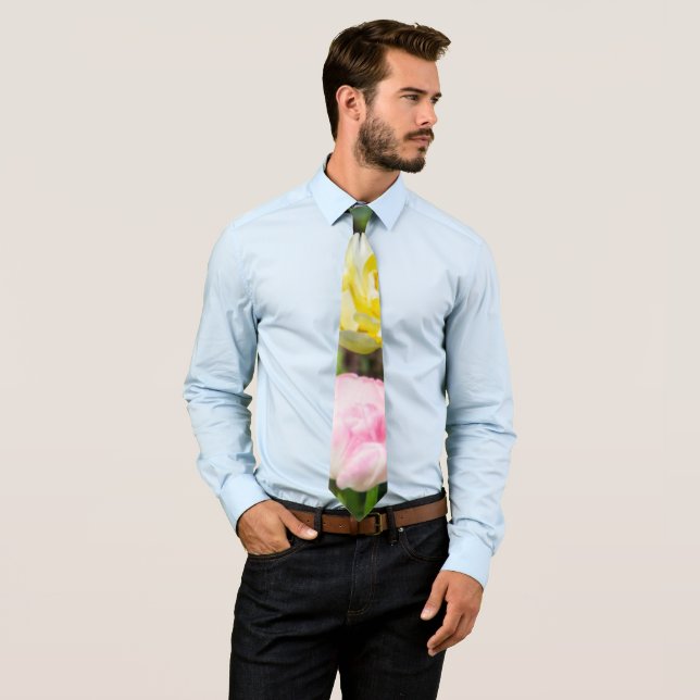 White, pink and yellow tulips in the garden     neck tie (In Situ)