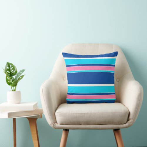 White Pink Aqua Turquoise Blue Stripes Pattern Throw Pillow