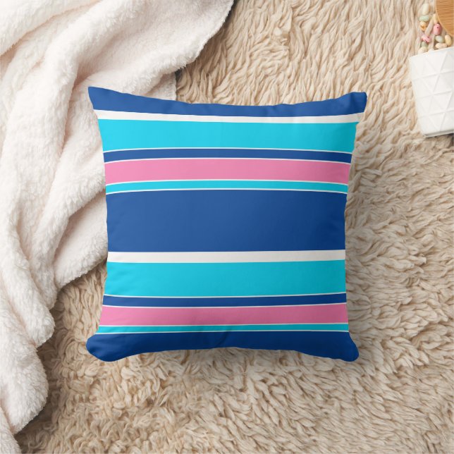 White Pink Aqua Turquoise Blue Stripes Pattern Throw Pillow (Blanket)