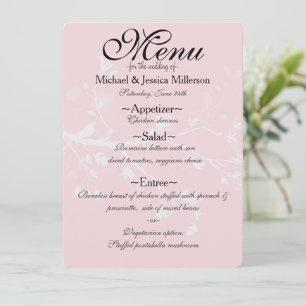 White Pink Bird Branches Wedding Menu