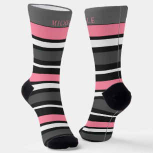 White Pink Black Grey Striped For Custom Name Socks