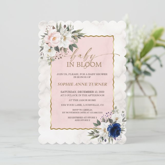 White Pink Blue Floral Twins Gold Baby in Bloom  Invitation (Standing Front)