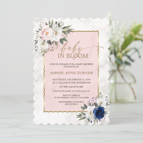 White Pink Blue Floral Twins Gold Baby in Bloom  Invitation