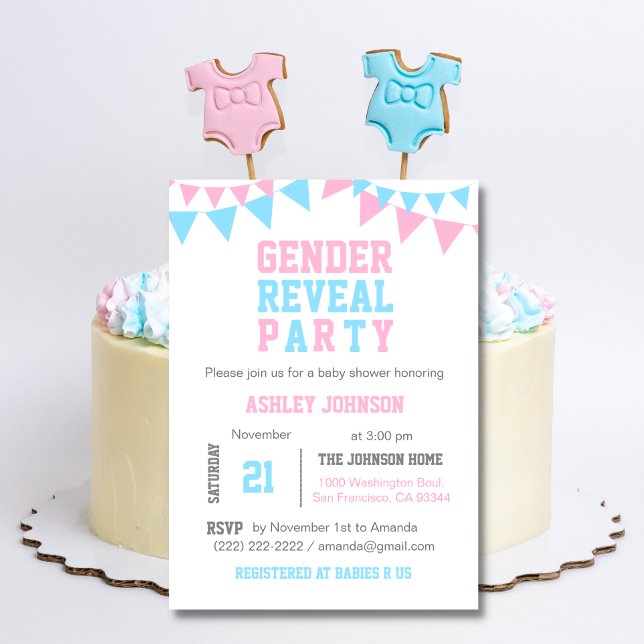 White Pink Blue GENDER REVEAL PARTY Baby Shower Invitation