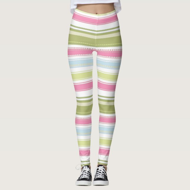 White, Pink, Blue & Green Striped Leggings (Front)