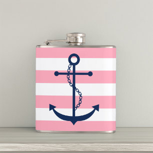 White Pink & Blue Wide Stripes Pattern Anchor Hip Flask