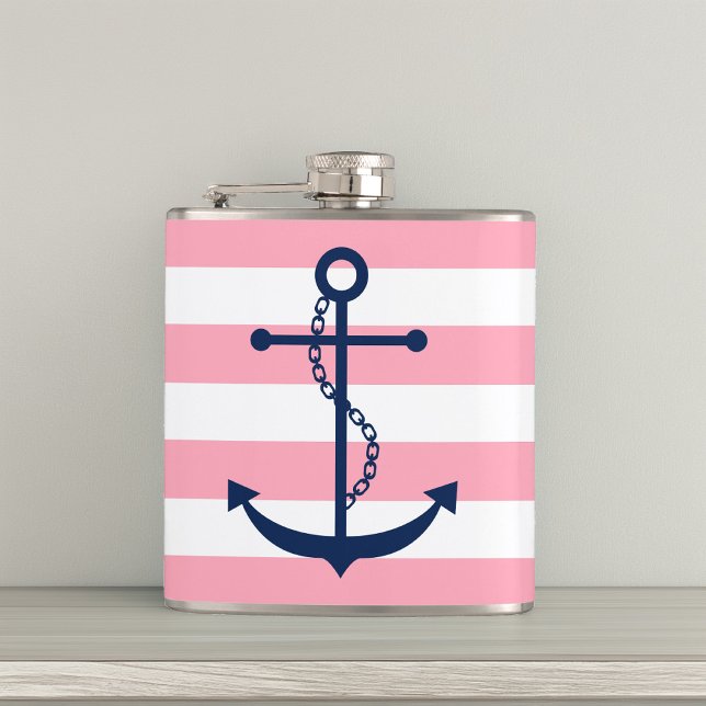 White Pink & Blue Wide Stripes Pattern Anchor Hip Flask (Creator Uploaded)