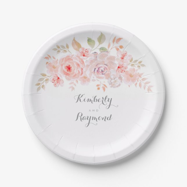 White Pink Blush Floral Paper Plates (Front)
