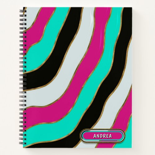 White Pink Bright Turquoise Gold Wavy Stripes Chic Notebook